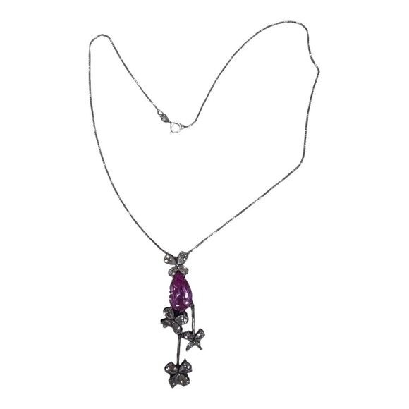 Spring Pink Sapphire & CZ Butterfly Pendant Necklace 925 Sterling Silver 18" - Picture 10 of 10